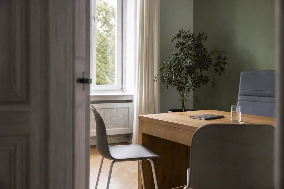 Empty, light-filled consultation room with a desk, two chairs and a window onto trees